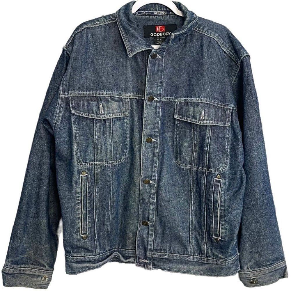 Men's Distressed Blue Button Front Denim Jacket By Godbody Players Size Large